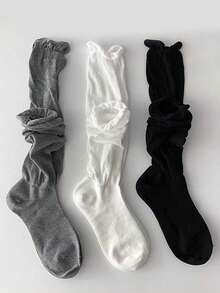3双女士纯色过膝袜，黑色、白色、灰色，舒适、柔软、透气，适合夏秋季日常休闲穿着 - 彩色 - 查看 1
