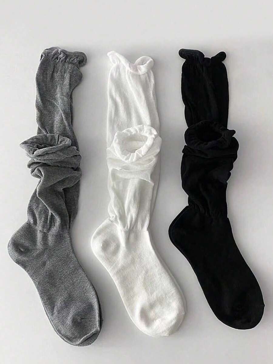3双女士纯色过膝袜,黑色、白色、灰色,舒适、柔软、透气,适合夏秋季日常休闲穿着 - 彩色 - 查看 1