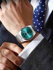 1 件男士石英不锈钢表带手表，带双日历和夜光表盘，商务休闲 - A - 查看 3