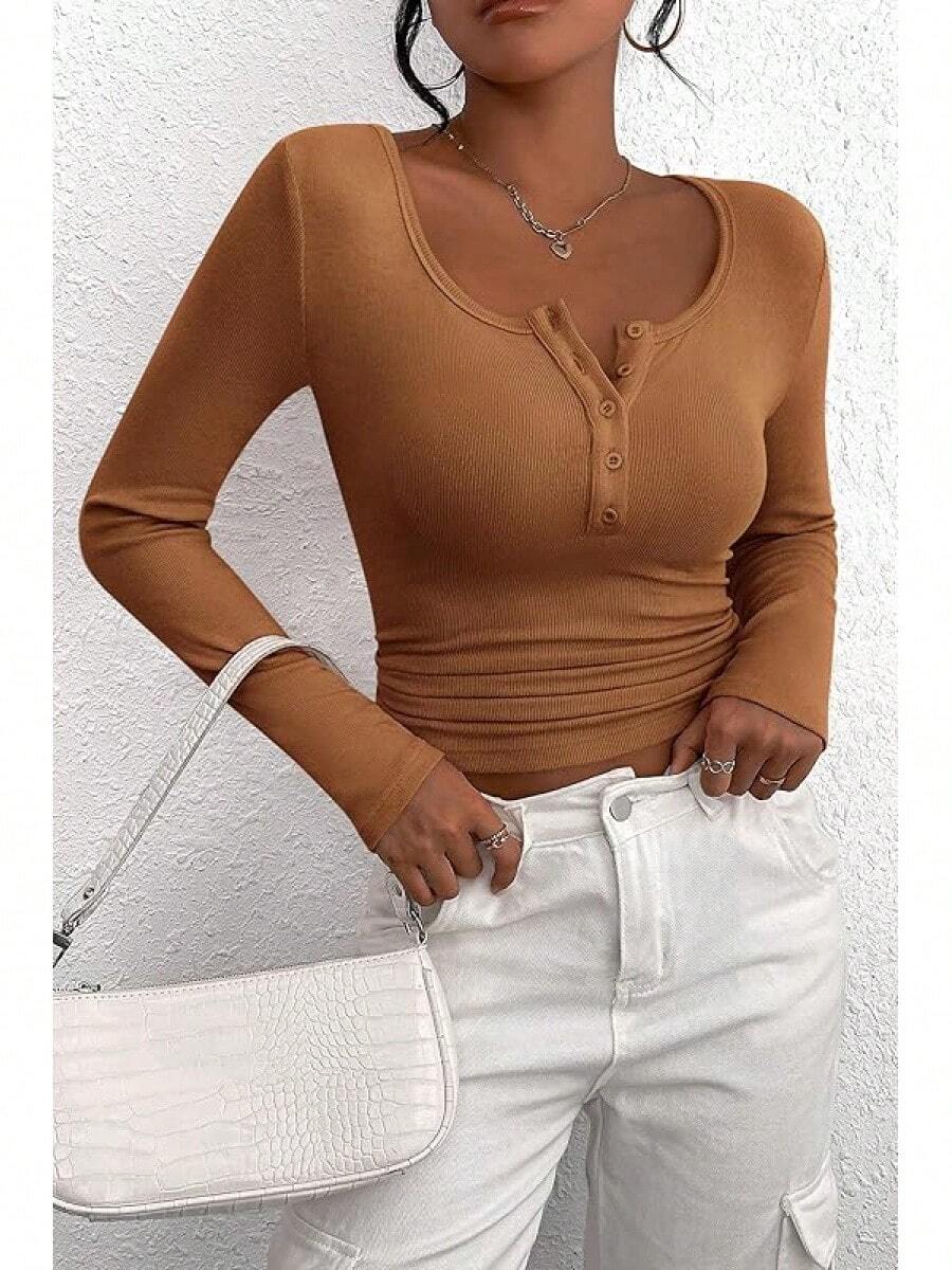 Women's 2025 Fall Long Sleeve Henley Shirts Button Ribbed Knit Casual Basic Tops Blouse - Màu Khaki - Xem 1