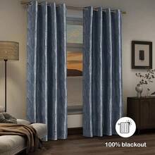 Beige And Black% Blackout Geometric Pattern Curtains, 52 Inch Wide 96 Inches Long 2 Panels, Thermal Insulated Noise Reducing Anti-Rust Grommet Drapes Bedroom Living Room,, Modern Style, Energy-Efficient - 靛藍色和銀色 - 查看 4