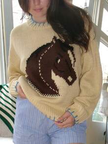 Women Horse Knit Sweater Y2k Graphic Cute Sweater Tops Long Sleeve Crewneck Oversized Sweatshirt Cute Preppy Chunky Jumper Knitwear Tops Streetwear - 黃色 - 查看 1