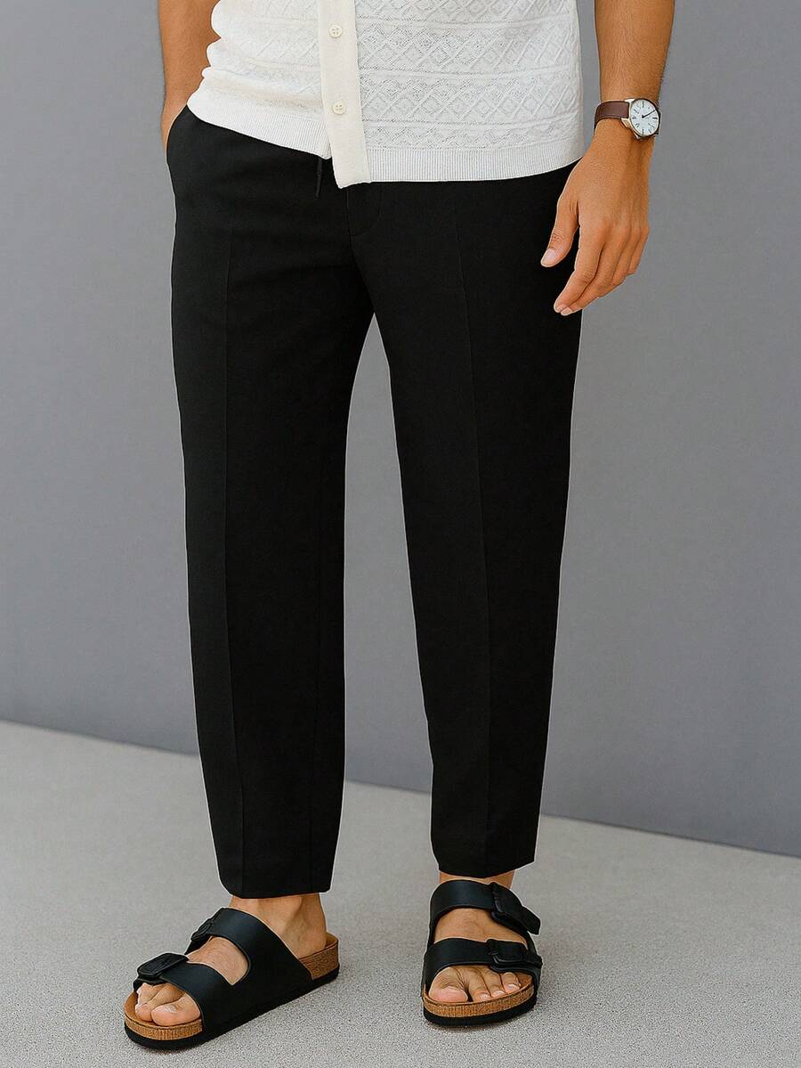 Men's Solid Drawstring Waist Long Linen Trousers In Fresh Linen, Plain Khaki Color, Ideal For Going Out Manfinity VCAY - màu đen - Xem 1