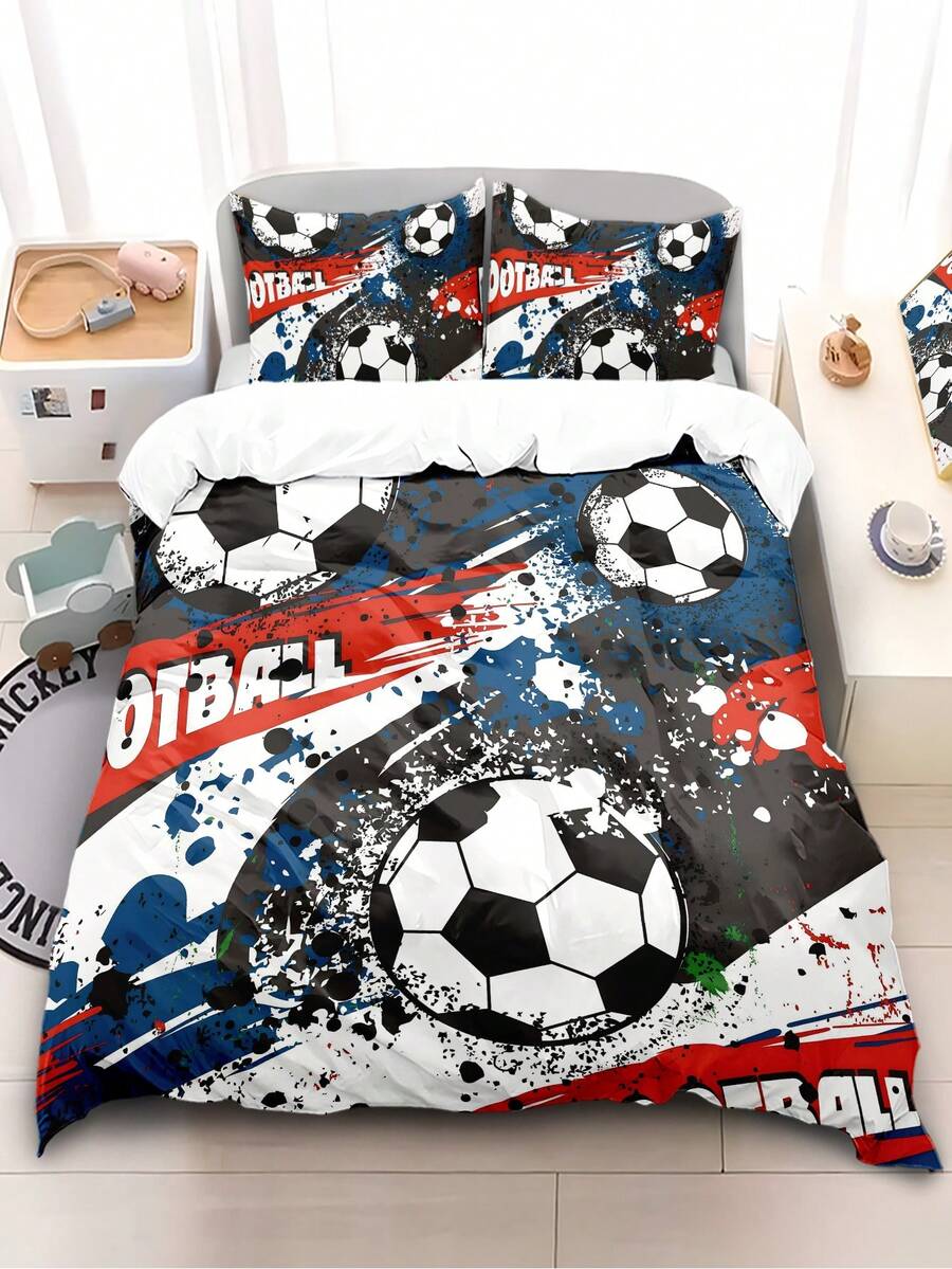 Conjunto de cama com estampa tie-dye de futebol, 4 peças (1 lençol + 1 capa de edredom + 2 fronhas, sem enchimento), macio e confortável, para todas as estações, adequado para dormitórios, camas de solteiro e camas infantis