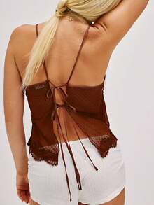 Women Summer Y2k Casual Lace Patchwork V-Neck Tank Top Fashionable Spaghetti Straps Open Back Crop Tops Stylish Sleeveless Tie Up Back T-Shirt Streetwear - 咖啡棕 - 查看 3