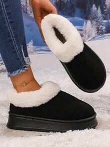 女士冬季拖鞋、厚底雪地靴、加厚平底靴、保暖鞋、户外防滑靴、Uggs 仿品、女士冬靴、女士冬季毛茸茸雪地靴毛茸茸圆头绒面短靴平跟一脚蹬户外室内鞋时尚保暖毛茸茸鞋， - 黑色 - 查看 4