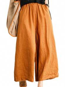 Plus Size High Waisted Wide Leg Pants Solid Elastic Waist Loose Fit Flowy Trousers With Pockets - Yellow - View 5