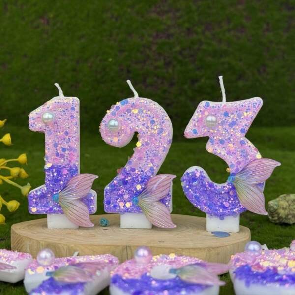 1pc Number 0-9 Digit Birthday Candles, Gradient Purple Pearl Tail With Glitter Sequins, Suitable For Birthday Party Cake Decoration, Suitable For Anniversary Parties,Suitable Wedding Anniversary , Suitable For Cute Pet Theme Cake Decoration Candles, Cake Decoration Pure Handmade DIY,Preferred Gift
