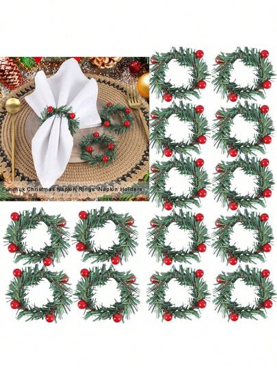 Festive Red Pinecone Shape Christmas Napkin Rings Hand-Woven Needle Napkin Buckles With Berry Candle Wreath Design