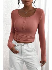 Women's 2026 Fall Long Sleeve Henley T Shirts Button Ribbed Knit Slim Fit Basic Tops Blouse Casual Outfits/Vacation Outfits Women/Valentine Outfits For Women - Màu hồng thạch nam - Xem 3