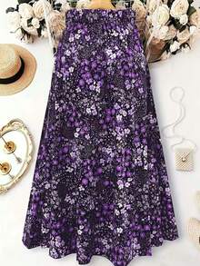 Falda larga plisada de talle alto con estampado floral para tallas grandes