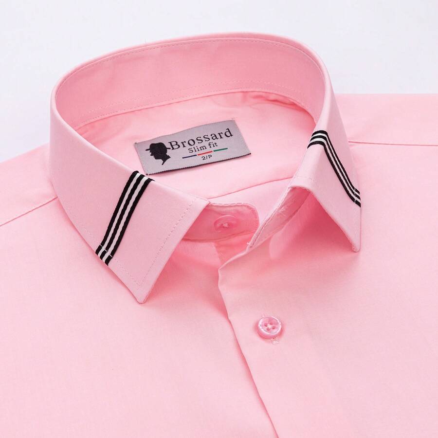 [Tedelon]56% Polyester 40% Cotton 4% Spandex ,Slim Fit Dress Shirt -Formal/Casual Shirt With Contrast Collar & Cuff Details, Breathable Cotton Blend For Business, Daily Wear - 粉色 - 查看 1