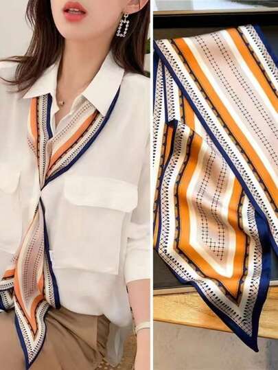 1件 14*145 女士马车印花时尚丝巾头巾，发带，头饰，是装扮您的理想之选。复古精致丝巾，法式优雅浅蓝粉色丝巾，女士装饰围巾，优雅时尚的颈部装饰。