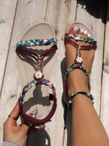 WRCVS 女士勃艮第凉鞋，夏季平底凉鞋，编织平底鞋，轻便，适合海滩、度假，手工串珠花卉图案随机户外凉鞋