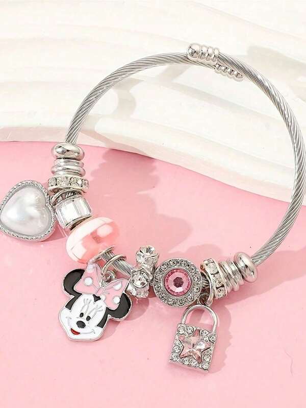 Disney 1 Piece, Minnie Mouse Charm Bracelet With Heart And Lock - Zinc Alloy, Cute And Elegant Style, Perfect Gift For Daily Wear Or Party, Festival And Birthday, Jewelry,