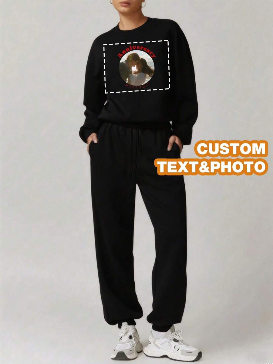Customize Personalized Gifts With Unique Design, Add Your Own Text And Images (Badge Pattern/Company Logo/Family Photo/Selfie/Pet), Personalized Sweatshirt And Sweatpants Two Pieces Set - Black - View 1