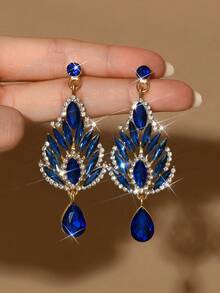 2 件欧美时尚水晶吊坠耳环，女士长款闪亮奢华方晶锆石耳环，新娘婚礼耳环