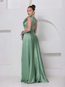 Long Dress For Bridesmaid – One Shoulder With Ruffle And Slit Elegant Simple Elegant Party Satin Side Opening Zipper Pleated Bridesmaid Civil Wedding Debutante Graduate Formal And Evening - 薄荷綠 - 查看 4