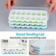 1/4 Molde de cubitos de hielo de silicona, Suministros de cocina, Pequeñas herramientas de cocina, Caja de cubitos de hielo, Silicona suave y fácil de liberar con 14 compartimentos y tapa antidesbordamiento móvil, Adecuado para refrigeradores, Caja de cubitos de hielo apilable con tapa