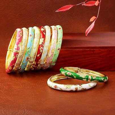 1pc Fashion New Bohemian Style Gold-Plated Floral Enamel Cloisonne Bracelet, Suitable For Women And Girls Jewelry