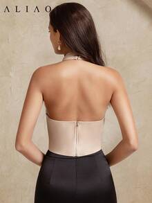 Aliao 花卉钩编网纱刺绣优雅3D透视吊带背心，性感女式上衣，夏季服装，浪漫婚礼季，花卉图案上衣，端庄上衣，新年装扮 - 杏色 - 查看 8