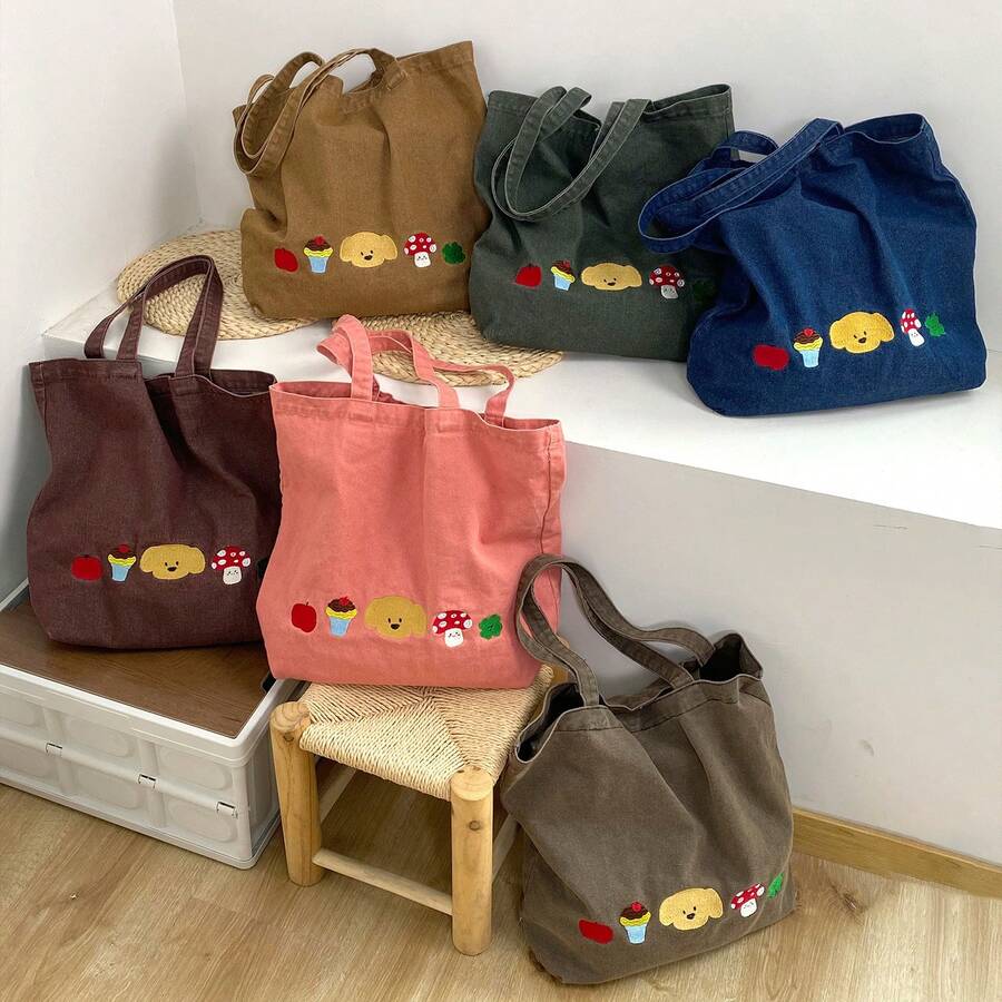 Women Shoulder Bags - 水洗牛仔刺繡小狗包-粉紅色 - 查看 1