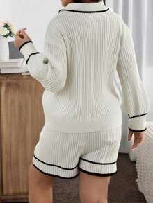 مجموعة كنزة صوفية كم طويل ذات ياقة وشورت مصنوع من الصوف، أسود وأبيض، خريف/شتاء