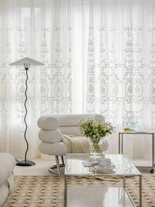 1pc White Flower Embroidered Sheer Panel Curtain, Modern Polyester Light Filtering Privacy Sheer Curtain For Living Room, Bedroom - White - View 6