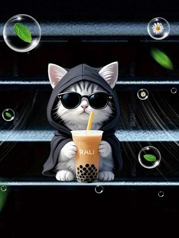 1pc 2D Acrylic Cute Sunglasses Cat Drinking Bubble Tea Car Air Vent Clip, Decorative And Functional Car Vent Accessory