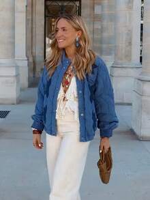 Women's Blue Quilted Stand Collar Padded Jacket Long Sleeve Pocket Casual Fall Winter Coat