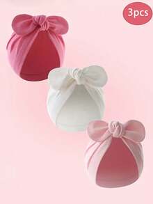 3 pezzi Cappellino per bambini con orecchie da coniglio e fiocco, copricapo morbido per neonati/bambini, cappellino doccia multicolore per neonati e bambini - Multicolore - Visualizzare 1