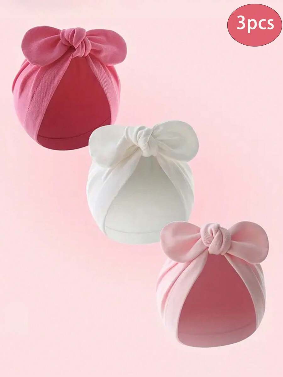 3 pezzi Cappellino per bambini con orecchie da coniglio e fiocco, copricapo morbido per neonati/bambini, cappellino doccia multicolore per neonati e bambini - Multicolore - Visualizzare 1