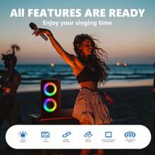 HY-3317 带麦克风的无线扬声器 - 大型便携式无线扬声器，带单麦克风卡拉 OK、迪斯科派对灯、10W 功率、2400mAh 电池、50 厘米充电线，非常适合户外使用和派对、户外音响系统 | 耐用的构造质量、无线扬声器低音炮、迪斯科派对灯、TWS、TF、AUX、麦克风，是派对、生日派对和露营晚餐的大礼物。