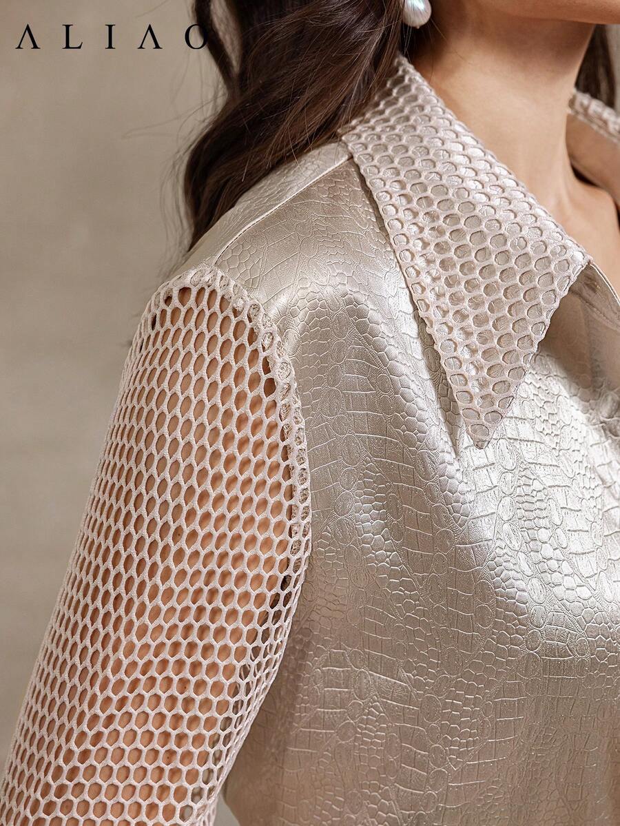 优雅性感纹理面料网眼拼接镂空女衬衫，演唱会女装