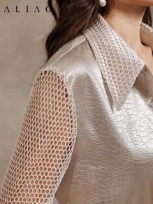 Blusa elegante y sexy para mujeres con textura de tela de malla y diseño hueco, ideal para conciertos