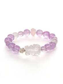 [VE] 1pc High-Quality S925 Silver Natural Amethyst Bracelet, Decorated With Purple Jade, Pink Quartz, Moonstone, And White Quartz Nine-Tailed Fox Carving, Protects Love And Attracts Romance. Suitable For Self, Bestie, Girlfriend, Friend, Or Mother. Jewelry Color Randomly Assorted. - Bracelet - View 2