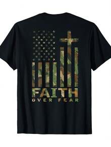 Men Clothes Men's Faith Over Fear Christian T-Shirt - American Flag & Cross Military Camo Design, Soft Breathable Cotton Crew Neck, Church & Casual Wear, Camo Green/Brown/Beige, Military Apparel With Verse Inspired Style Halloween - màu đen - Xem 1