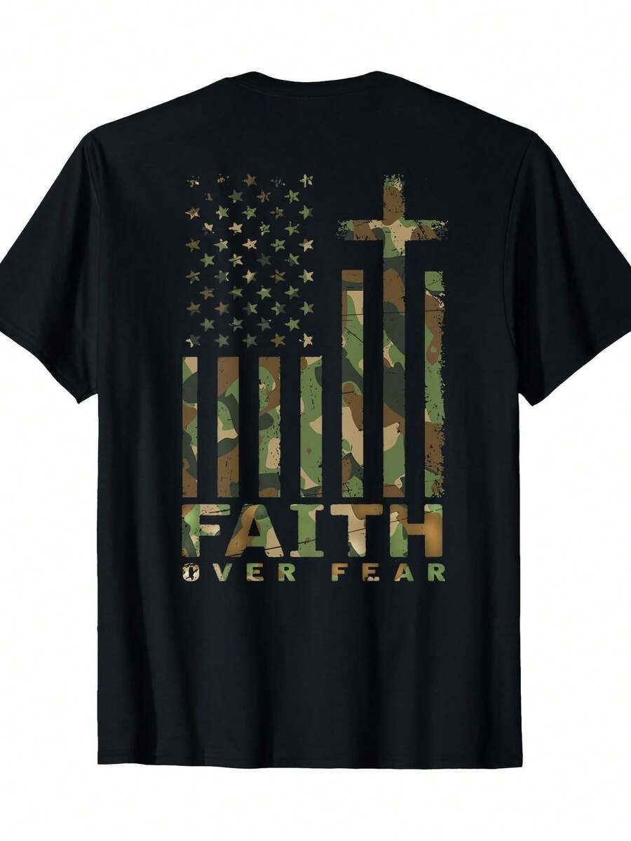 Men Clothes Men's Faith Over Fear Christian T-Shirt - American Flag & Cross Military Camo Design, Soft Breathable Cotton Crew Neck, Church & Casual Wear, Camo Green/Brown/Beige, Military Apparel With Verse Inspired Style Halloween - màu đen - Xem 1