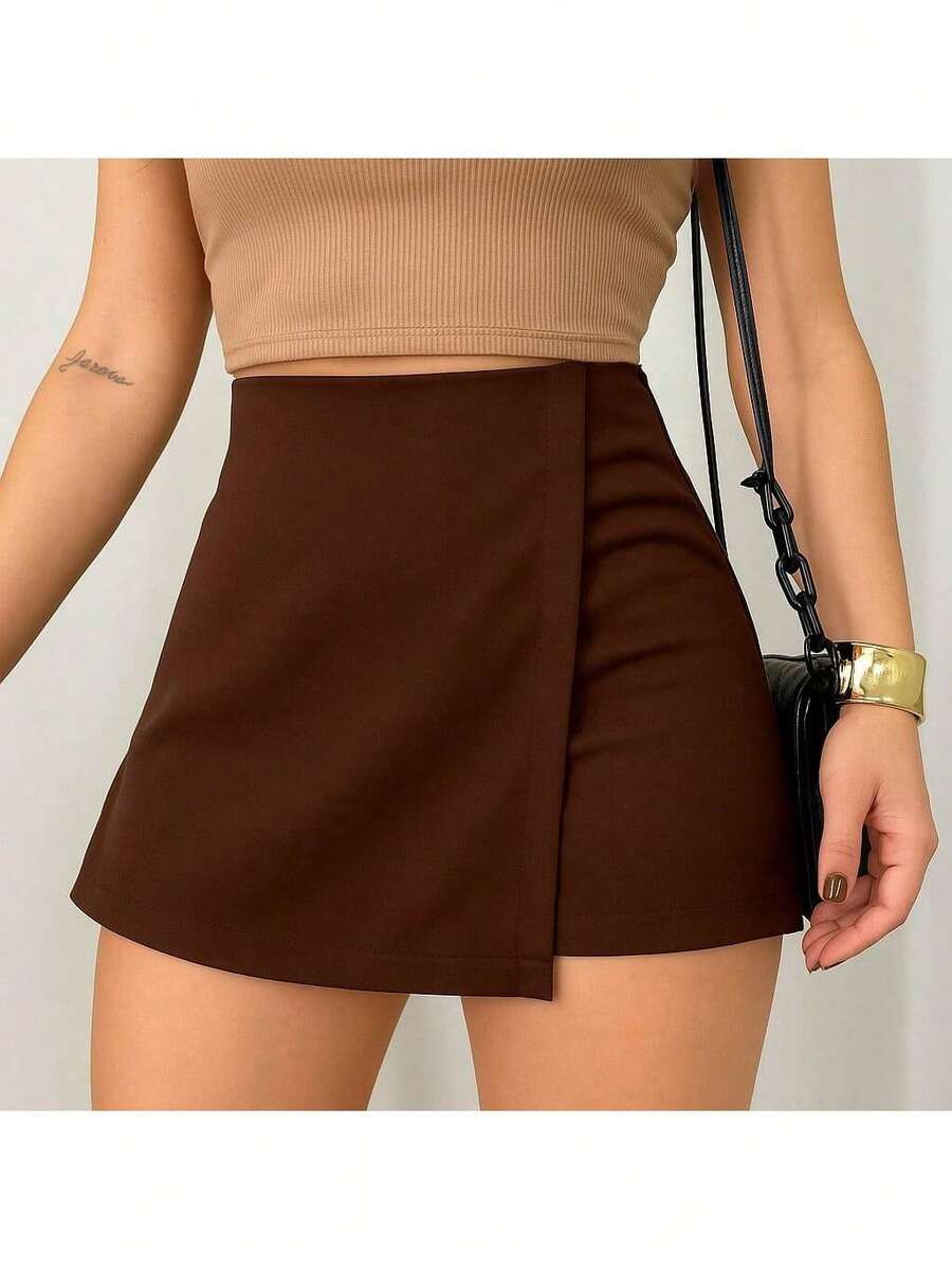 Basics Tailored Skirt Shorts With Invisible Side Zipper Inspired By The Zr Fashion Blogger Brand - Rust Brown - View 1