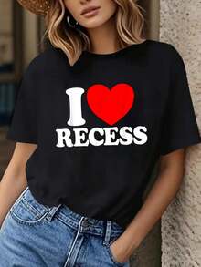 I Love Recess Red Heart Funny Back To School Kids Recess T-Shirt Summer Streets, Personalized Printed Patterns, Round Neck T-Shirts, Women's Tops, Cotton Short Sleeves, Shirts