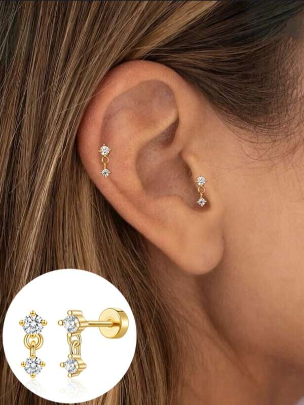1 Pair/3 Pairs 8A Cubic Zirconia Screw Back Stud Earrings, Moon Cartilage Earrings, Delicate Small Nose Bone Studs, Flat Back Soft Cartilage Piercings, Women's Date Gift Jewelry
