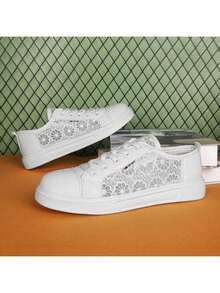 Women's White Casual Canvas Sneakers, Spring/Summer 2025 New Hollow Breathable Sports Shoes - White - View 5