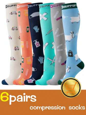 6 Çift Şık Şırınga ve Hap Desenli Tıbbi Baldır Çorabı, Hemşireler, Doktorlar, Erkekler ve Kadınlar İçin Orta Baldır Spor Çorapları, Kompresyon Çorapları, Y2K, Rahat