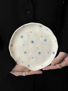 1 pieza Plato de cena de cerámica con estampado floral azul de estilo INS, bandeja de comida esmaltada asimétrica hecha a mano, vajilla del hogar, plato para bistec, pasta, ensalada, postre, fruta, regalo de fiesta para novio/novia