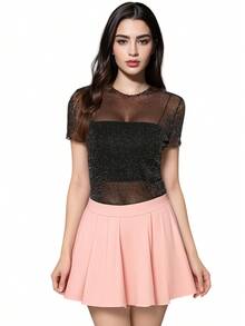 Women's Mesh Rhinestone Sheer Short Sleeve Top - Sparkly See-Through Blouse, Stretchy Layering Shirt For All Seasons Lounge Sets For Women - màu đen - Xem 3
