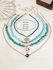 4 件套绿松石软粘土串珠项链，时尚种子珍珠邪眼吊坠项链，个性化蓝眼心形吊坠，适合女性日常和旅行佩戴