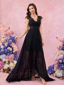 Women's Sweetheart Collar Lace Patchwork Solid Color Chiffon Waist Slit Ruffle Hem Elegant Bridesmaid Dress - Black - View 6