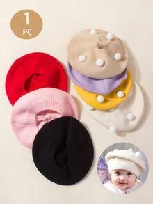 1pc Unisex Baby Candy Color Versatile Knitted Beret Hat, Children's Stylish Casual Beanie, Artist Cap - A Children's Fur Ball Beret - View 1