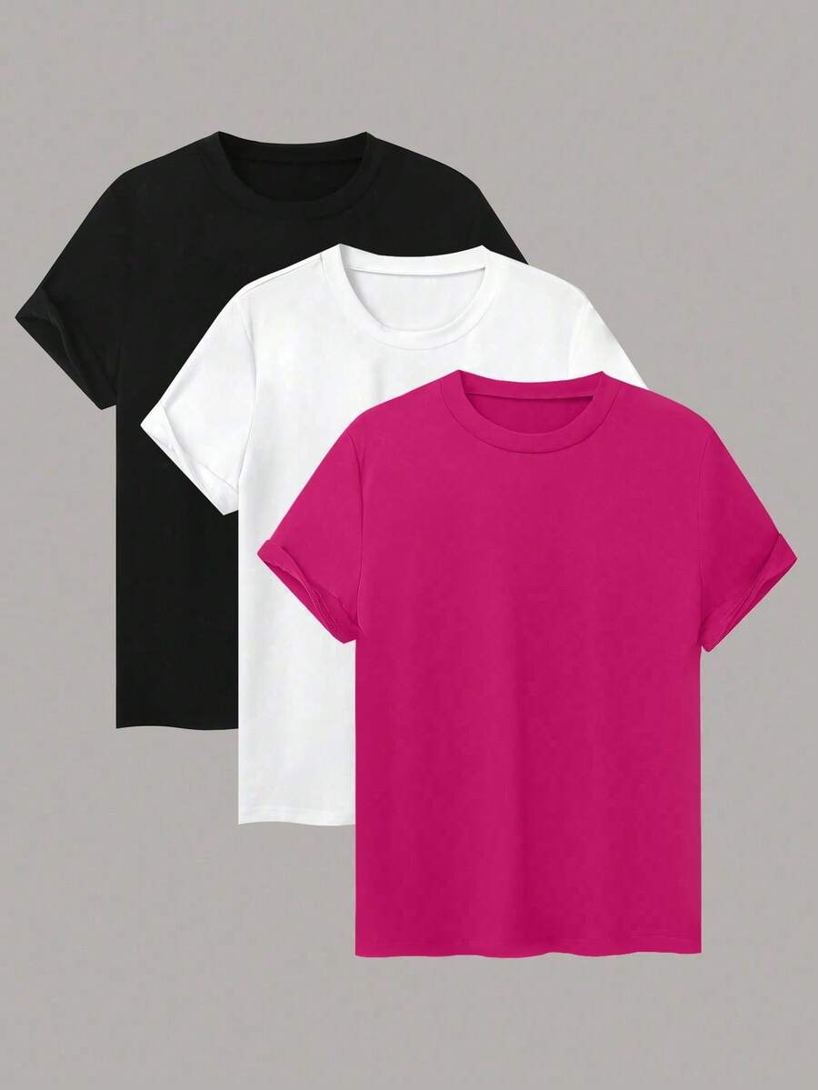 3pcs  set pack conjunto camiseta casual de mujer de unicolor, cuello redondo, manga corta, versátil - Rosa Fucsia - Ver 1