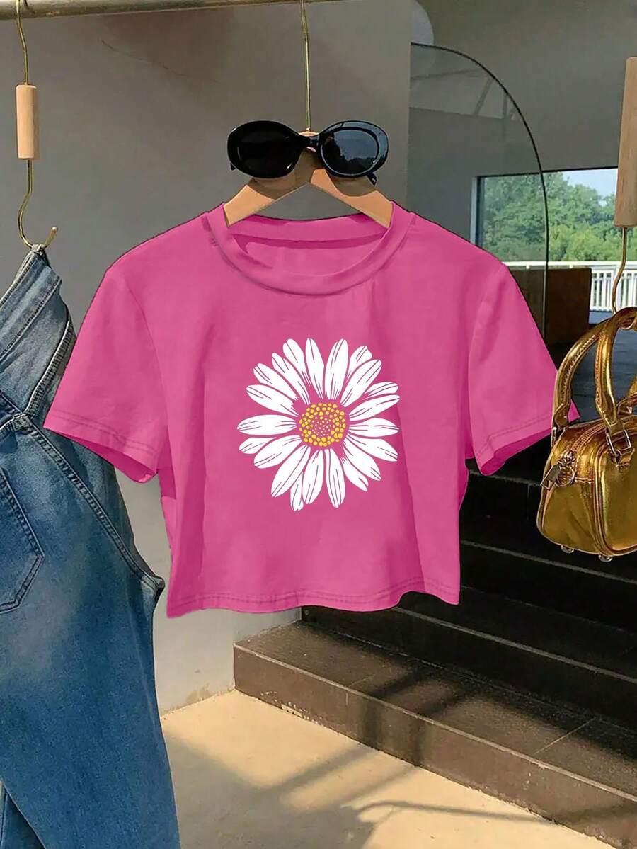 Playera crop top estampada grafico flor margarita moderna primavera verano Letras Casual diario casa - Rosa Fucsia - Ver 1